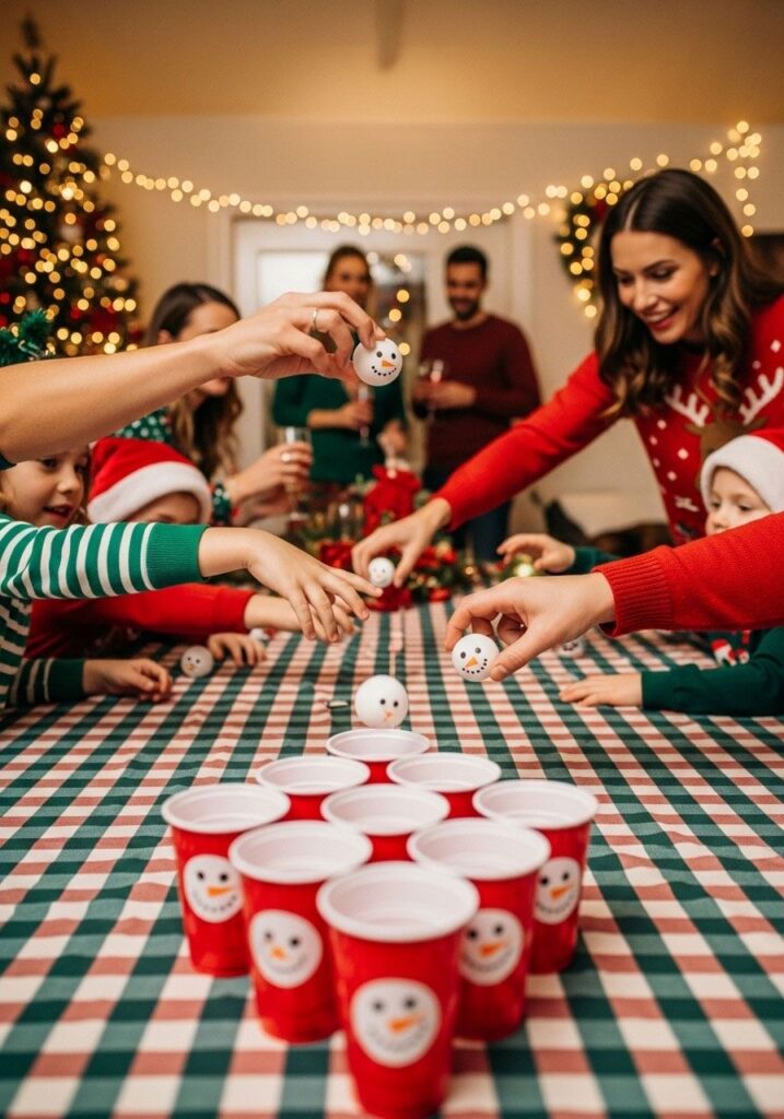 People playing Snowball Toss, a fun Christmas party game and one of the best Christmas games for adults and kids