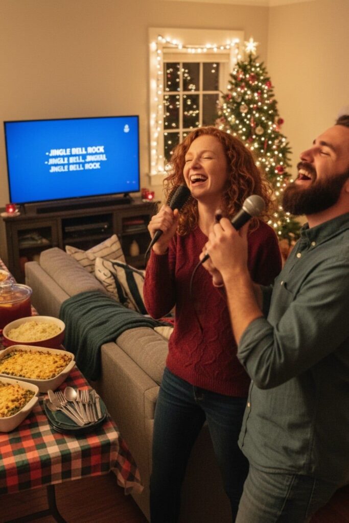People enjoying a Holiday Karaoke Battle, a fun Christmas party game and one of the best Christmas games for adults and kids