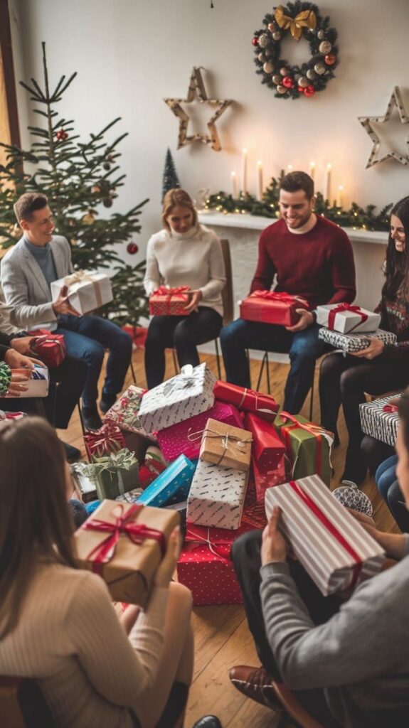 Family enjoying Pass the Present game, a fun Christmas party game and one of the best Christmas games for kids and adults