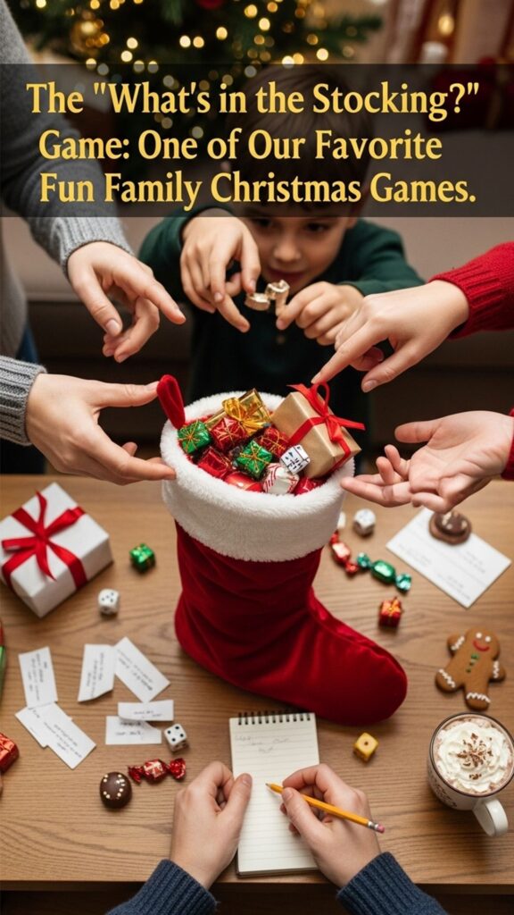 Guests playing What’s in the Stocking game, a fun Christmas party game perfect for kids and adults during the holidays
